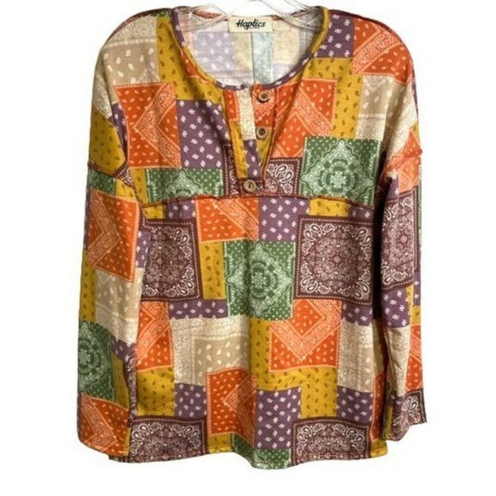 Multicolor Patchwork Button Down Terry Outseam To… - image 3